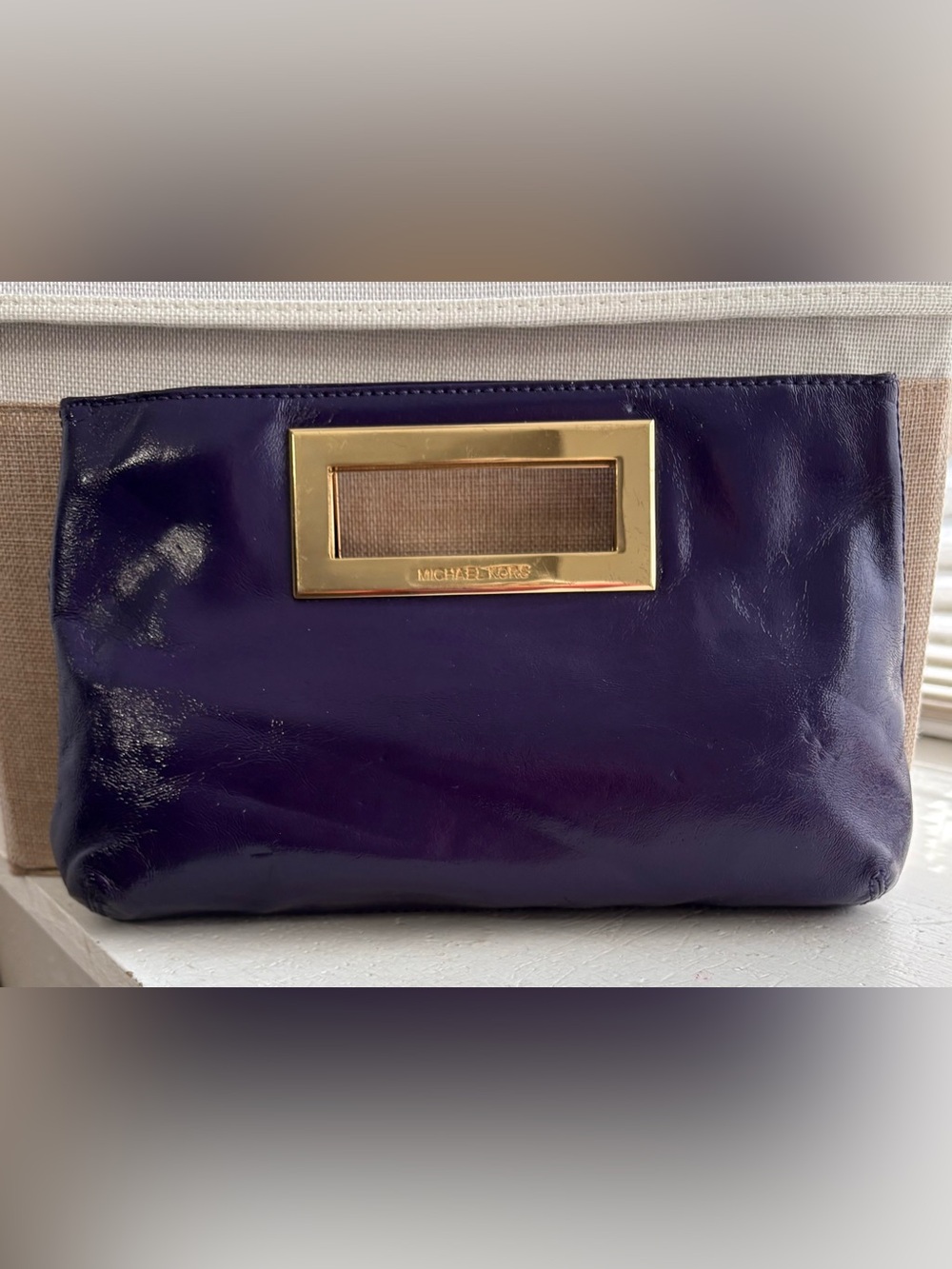 Michael Kors Leather Berkley Clutch Hand Bag Purse Purple with Gold Hardware